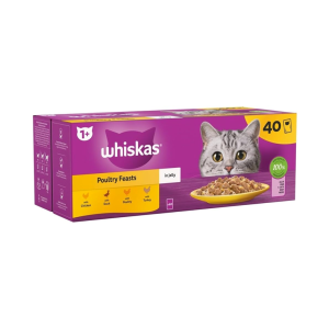 WHISKAS 1+ Adult Wet Cat Food Pouches – Poultry Selection in Jelly (40 × 85g)
